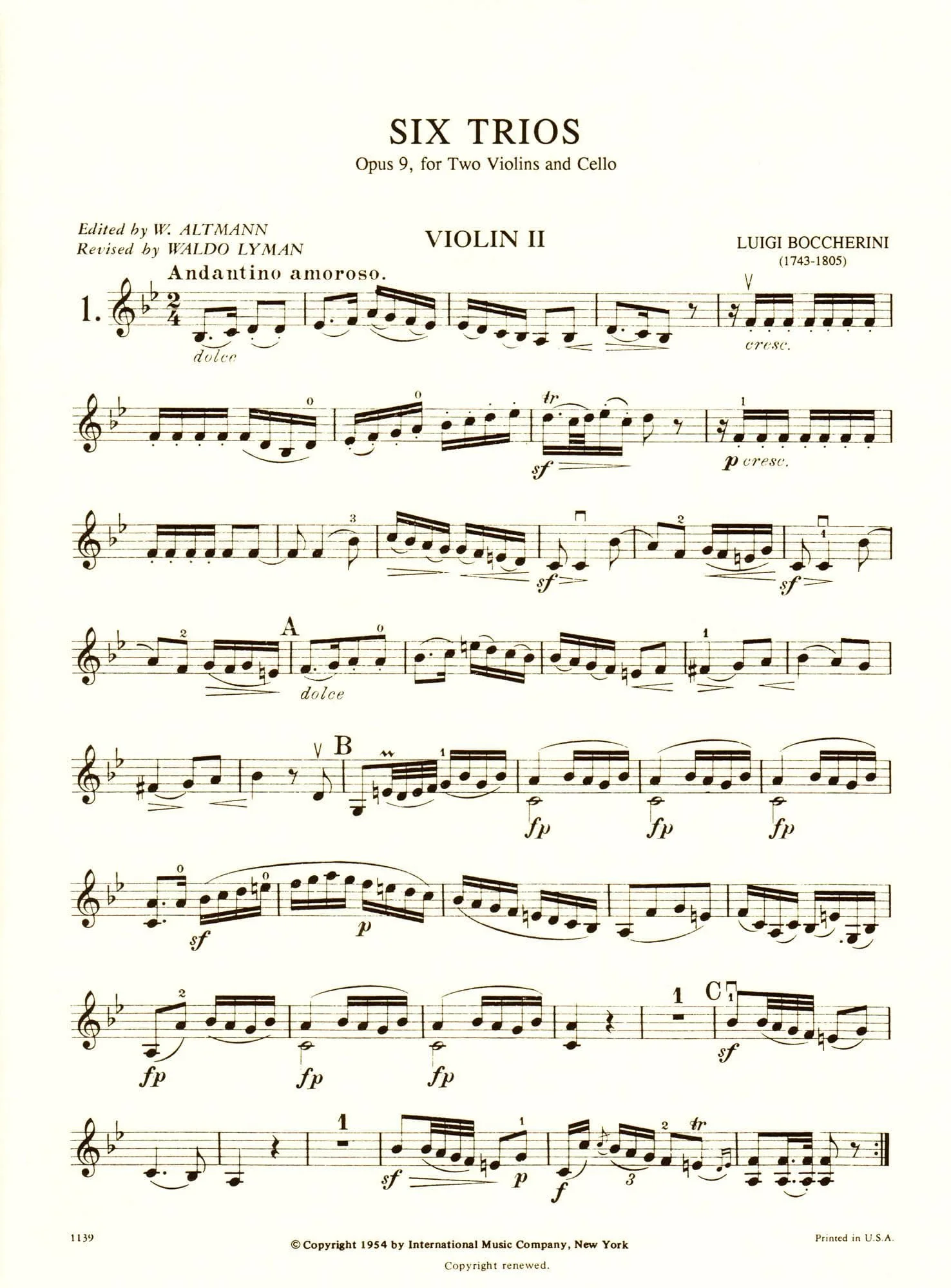 Boccherini, Luigi - 6 Trios Op 9 G 89-94 for Two Violins and Cello - Arranged by Altmann-Lyman - International Edition - Image 3