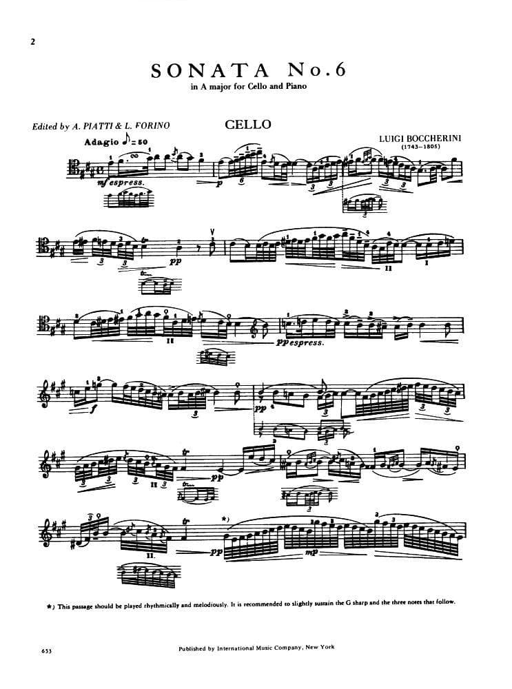 Boccherini, Luigi - Sonata No 6 in A Major G 4 for Cello and Piano - Arranged by Piatti-Forino - International Edition - Image 3