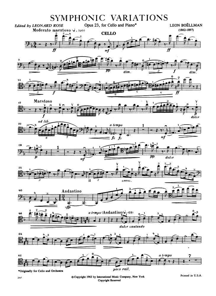 Boellmann, L - Symphonic Variations Op 23 for Cello and Piano - International Edition - Image 2