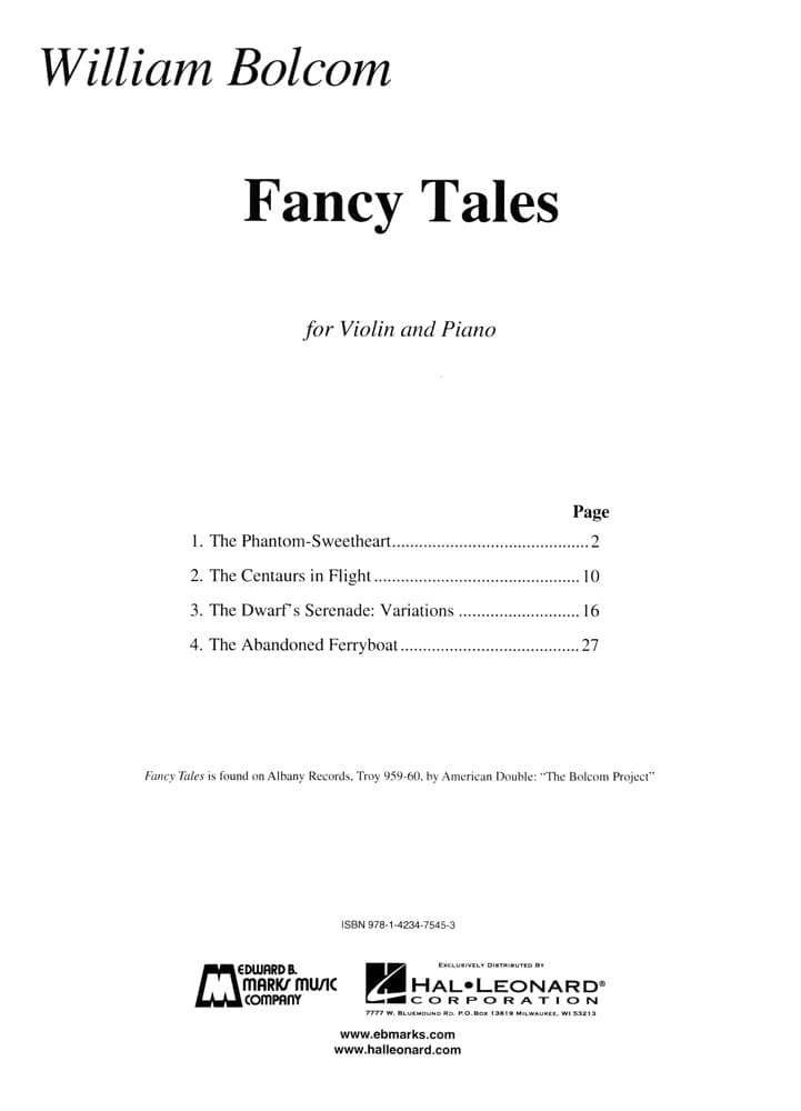 Bolcom, William - Fancy Tales - for Violin and Piano - Hal Leonard - Image 2
