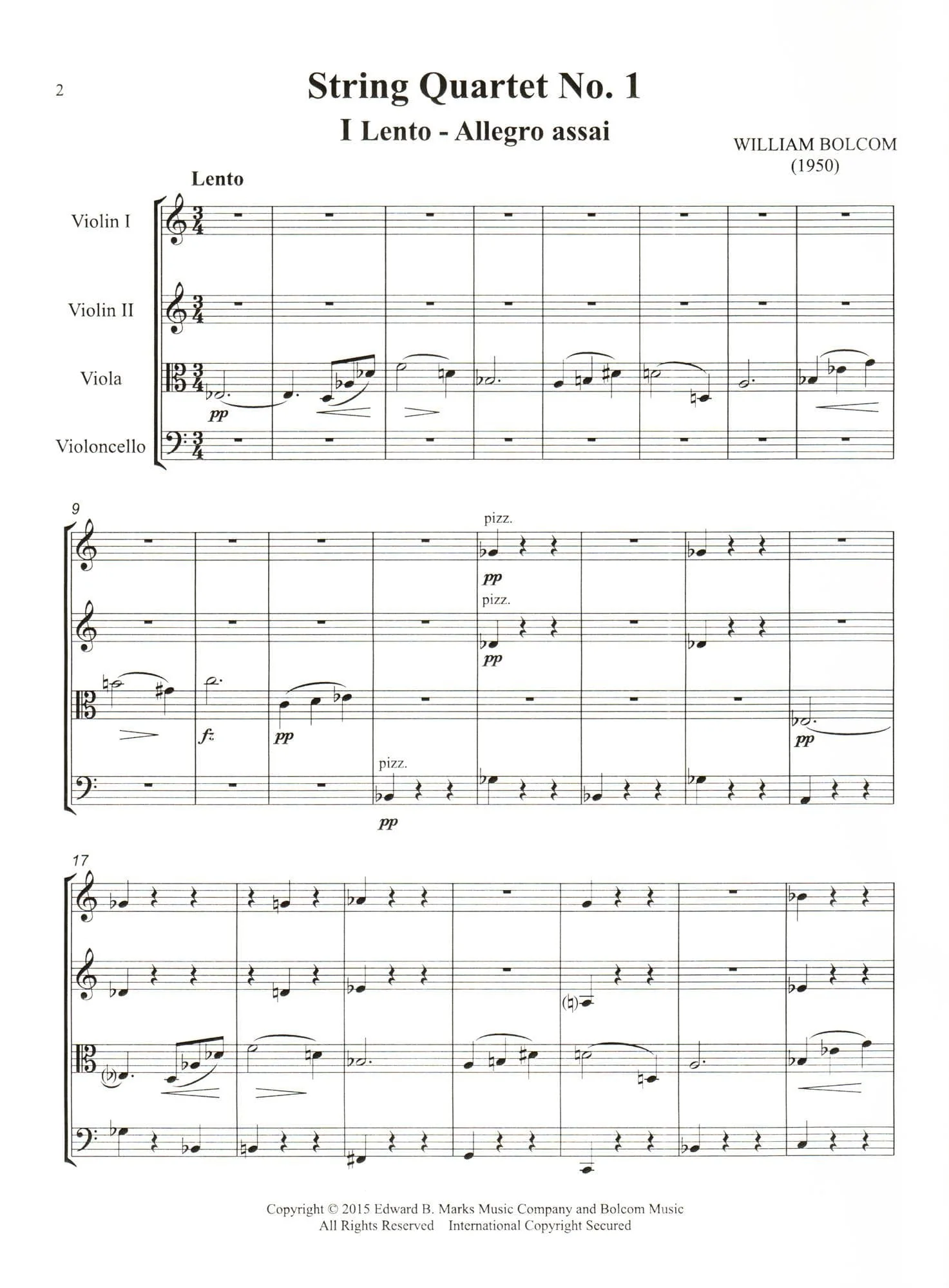 Bolcom, William - String Quartet No. 1 - Score and Parts - Edward B. Marks Music Company - Image 2