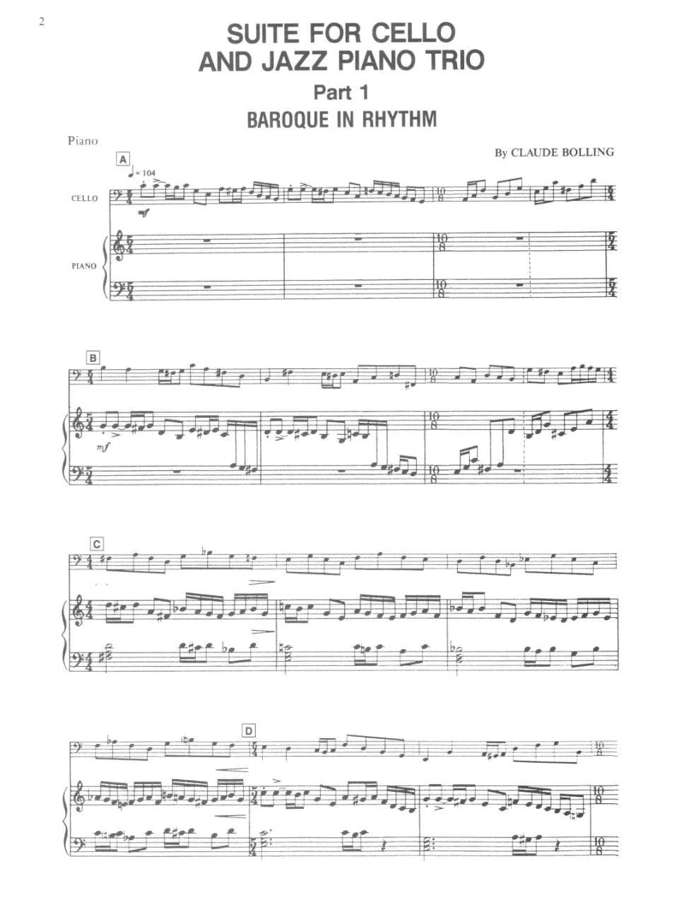 Bolling, Claude - Suite For Cello and Jazz Trio Parts for Piano, Cello, Double Bass and Drums - Image 2