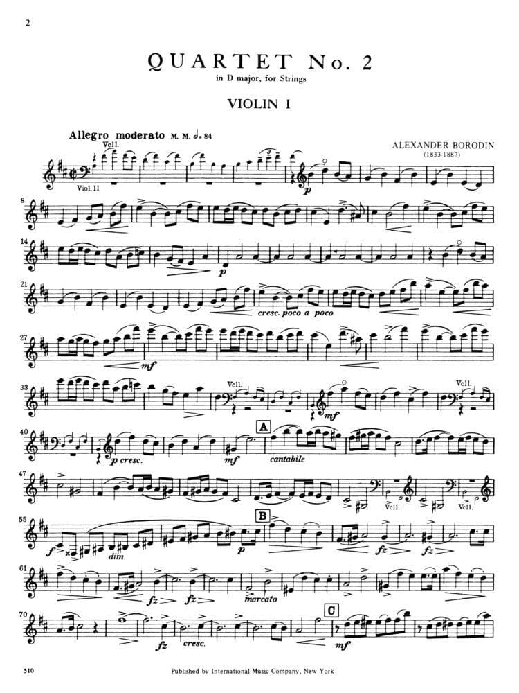Borodin, Alexander - Quartet No 2 in D Major ( 1881 ) Parts for Two Violins, Viola and Cello - International Edition - Image 2