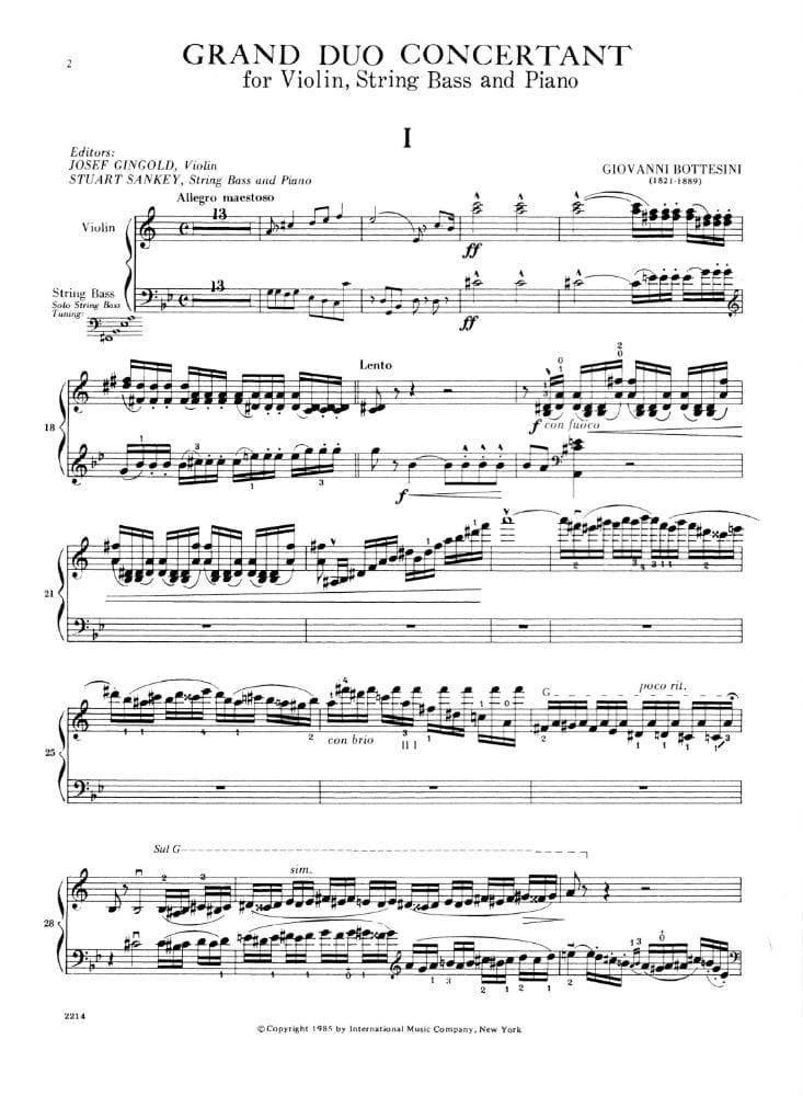 Bottesini, Giovanni - Grand Duo Concertant for Violin, Double Bass and Piano - Arranged by Gingold-Sankey - International Edition - Image 2