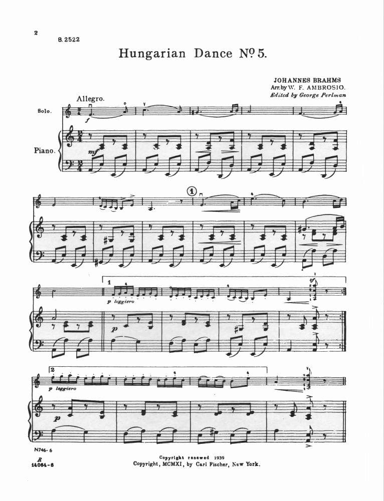 Brahms - Hungarian Dance No 5 - for Violin and Piano - edited by G Perlman - Carl Fischer - Image 2