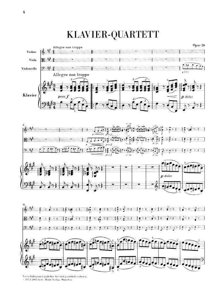 Brahms, Johannes - Piano Quartet No 2 in A Major Op 26 for Violin, Viola, Cello and Piano - Henle Verlag URTEXT Edition - Image 2