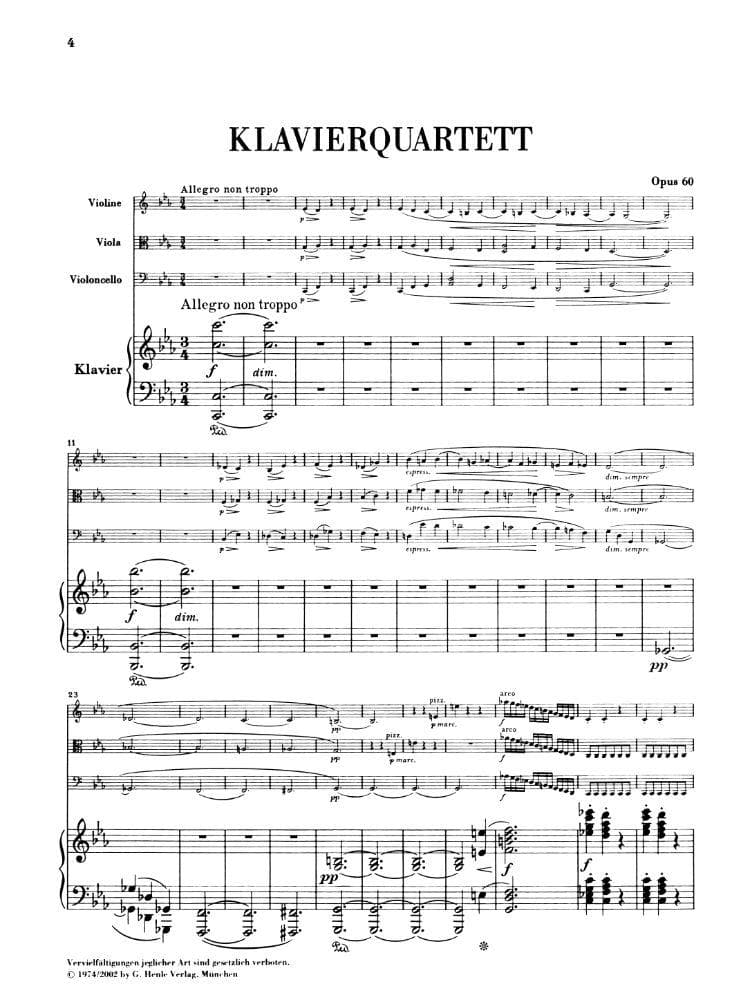 Brahms, Johannes - Piano Quartet No 3 in c minor Op 60 for Violin, Viola, Cello and Piano - Henle Verlag URTEXT Edition - Image 2
