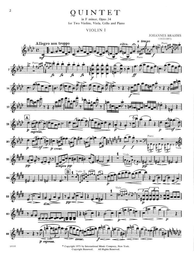 Brahms, Johannes - Piano Quintet in f minor Op 34 for Two Violins, Viola, Cello and Piano - International Edition - Image 2