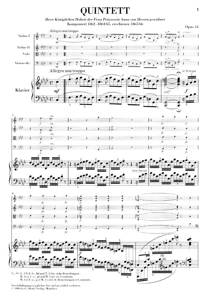 Brahms, Johannes - Piano Quintet in f minor Op 34 for Two Violins, Viola, Cello and Piano - Henle Verlag URTEXT Edition - Image 2