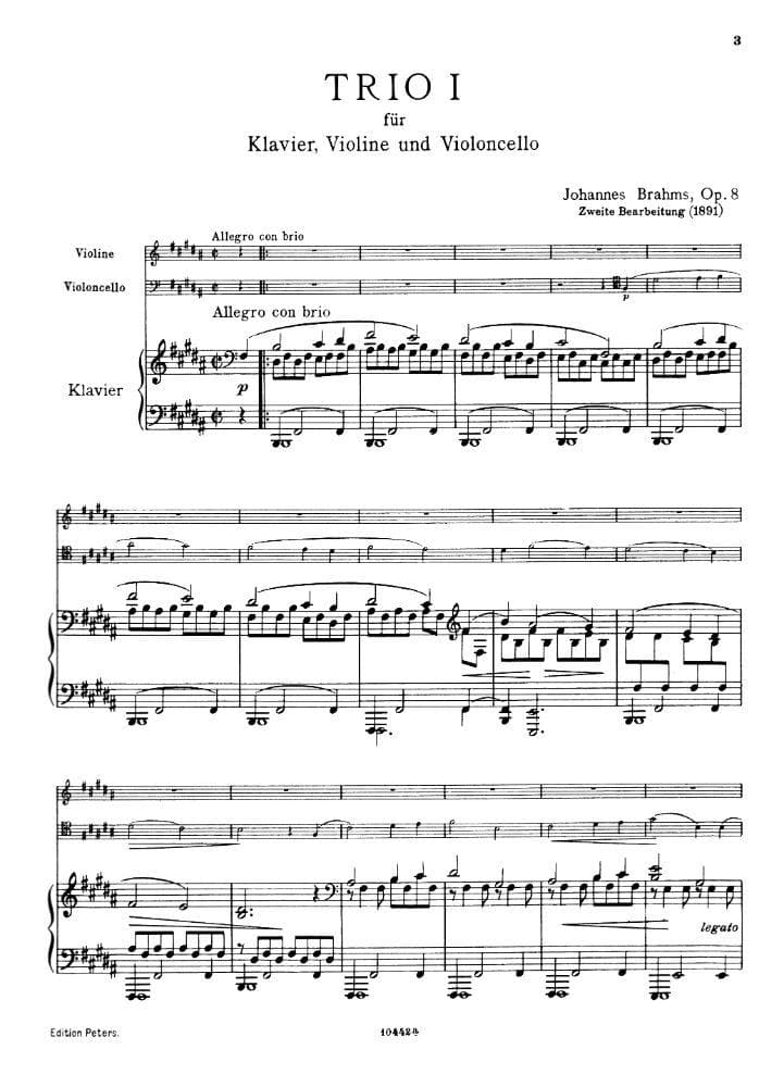 Brahms, Johannes - Piano Trio No 1 in B Major Op 8 Set of Parts for Violin, Cello and Piano - Arranged by Schumann - Peters Edition - Image 3