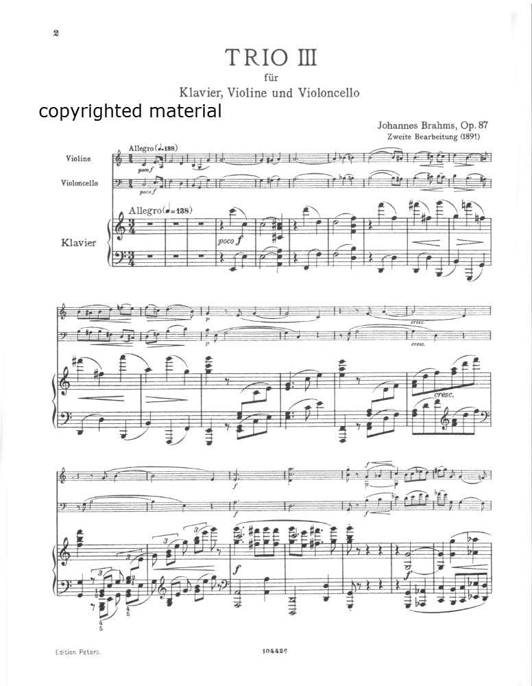 Brahms, Johannes - Piano Trio No 2 in C Major Op 87 Set of parts for Violin, Cello and Piano - Arranged by Shumann - Peters Edition - Image 2