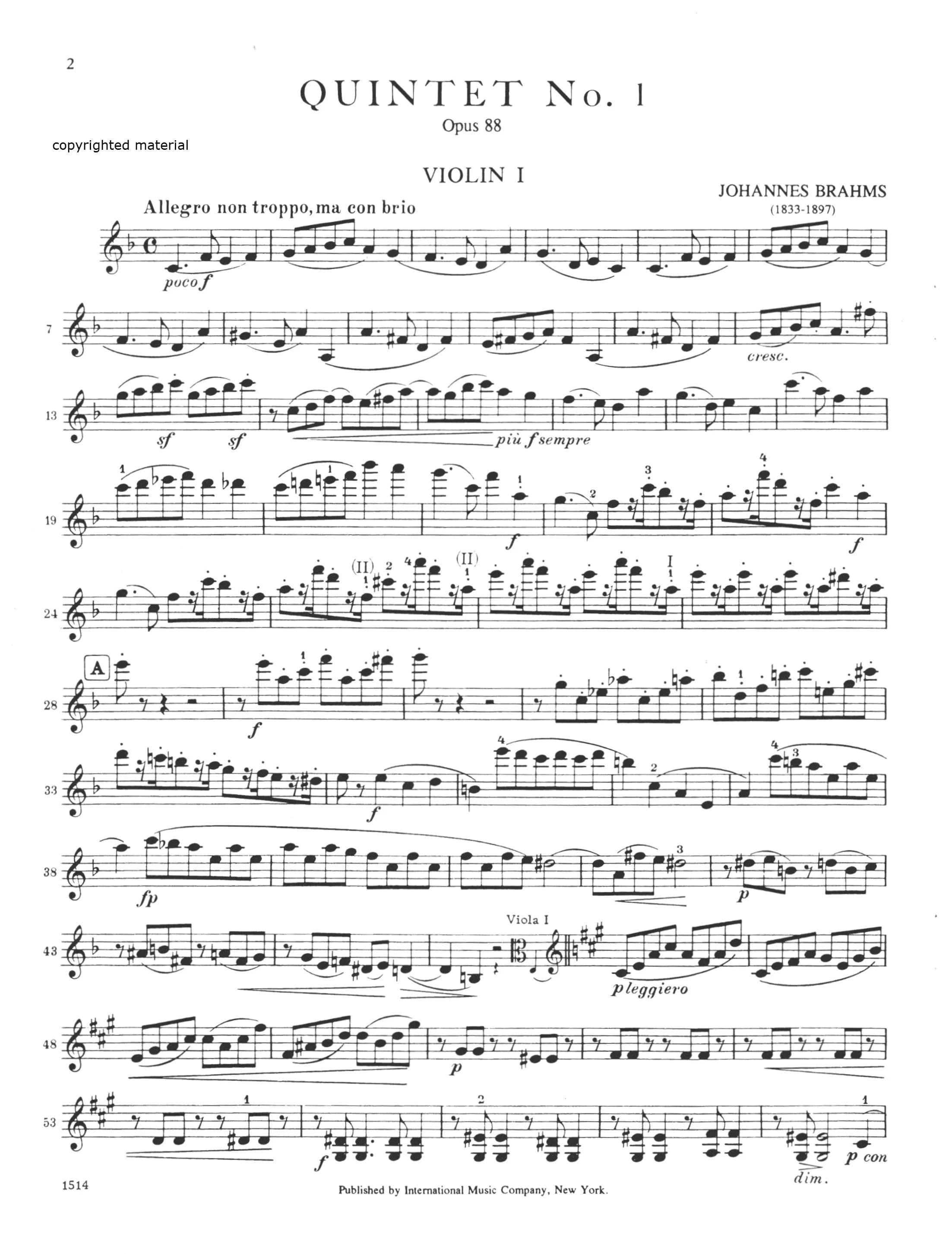 Brahms, Johannes - Quintet No 1 In F Major Op 88 for Two Violins, Two Violas and Cello - Arranged by the Gewandhaus Quartet - International Edition - Image 2
