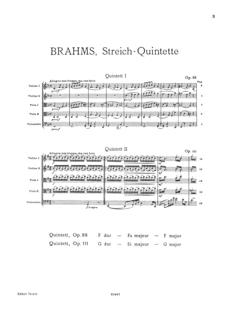 Brahms, Johannes - Quintet No 1 In F Major Op 88 for Two Violins, Two Violas and Cello - Arranged by the Gewandhaus Quartet - Peters Edition - Image 2