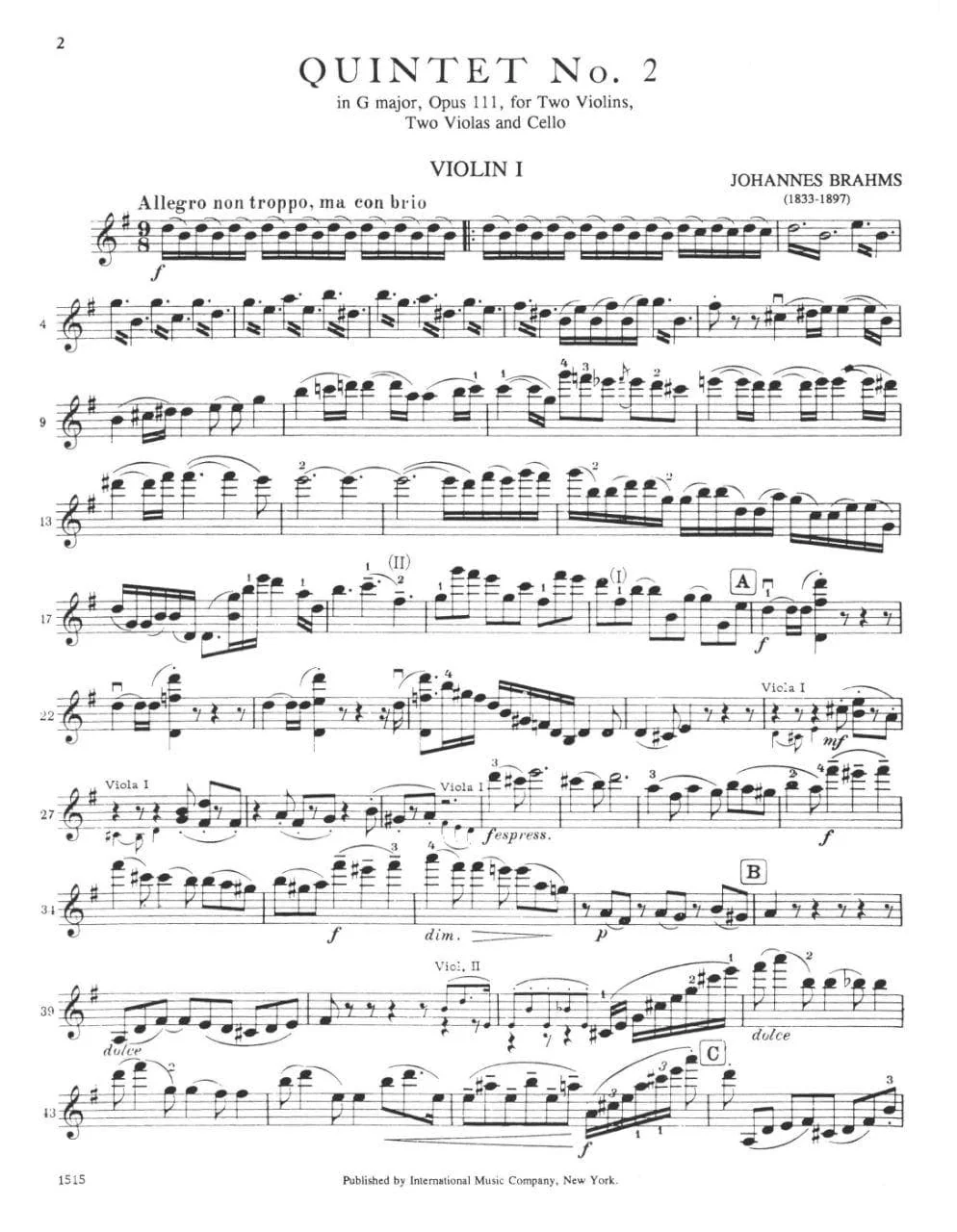 Brahms, Johannes - Quintet No 2 In G Major Op 111 for Two Violins, Two Violas and Cello - Arranged by the Gewandhaus Quartet - International Edition - Image 2