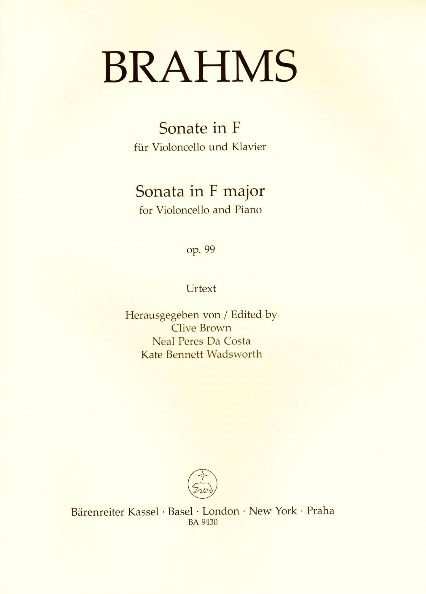 Brahms, Johannes - Sonata in F Major, Op 99 - for Cello and Piano - edited by Clive Brown, Kate Bennett Wadsworth, and Neal Peres Da Costa - Barenreiter URTEXT - Image 2