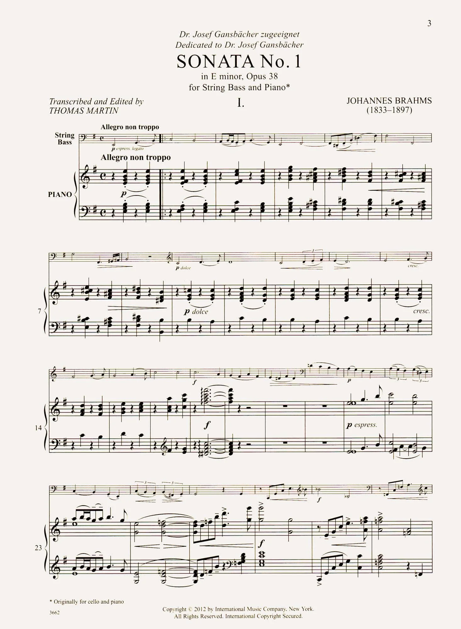 Brahms, Johannes - Sonata No. 1 in E minor, Opus 38 - for Bass and Piano - edited by Thomas Martin - International - Image 3