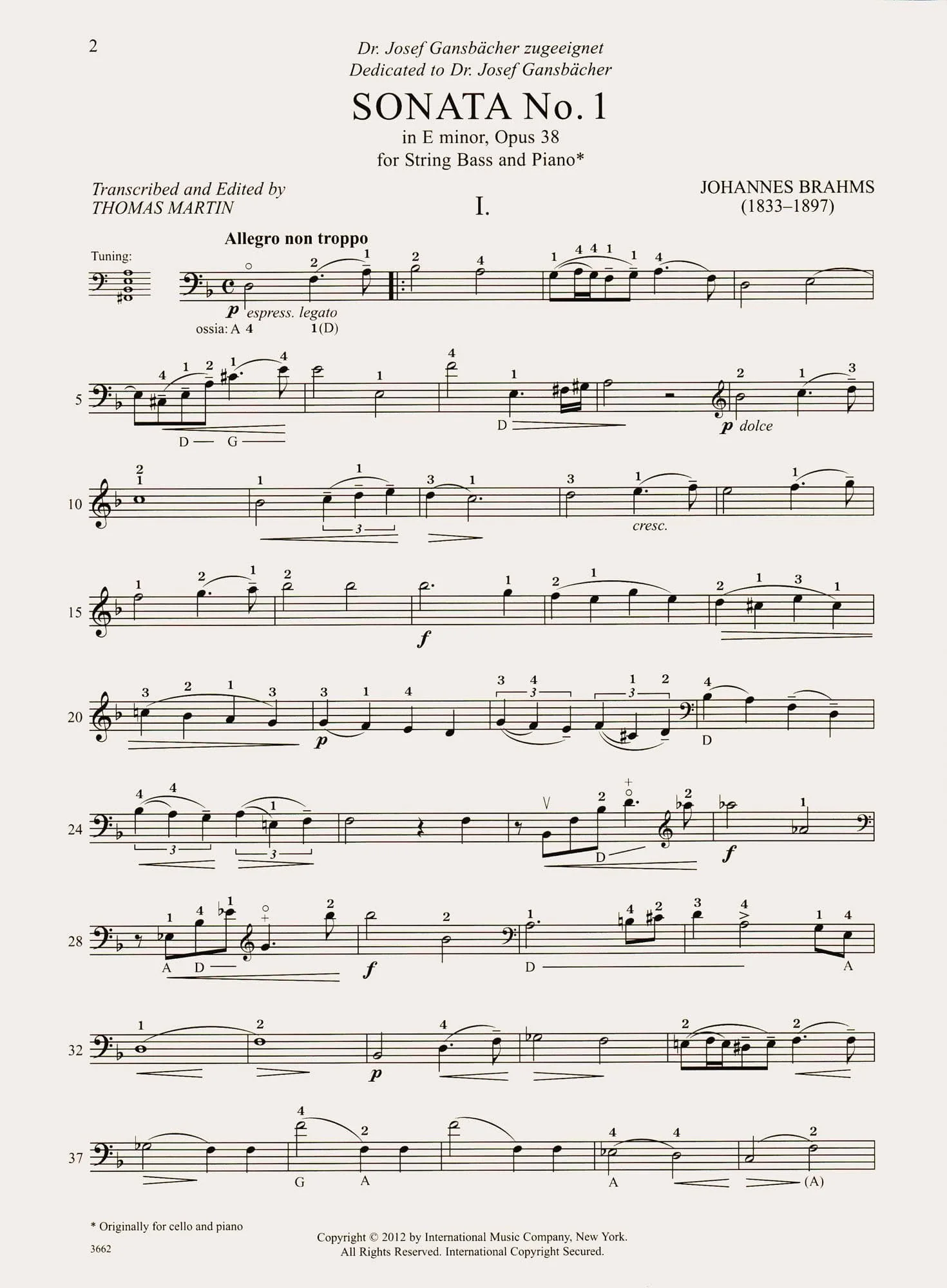 Brahms, Johannes - Sonata No. 1 in E minor, Opus 38 - for Bass and Piano - edited by Thomas Martin - International - Image 5