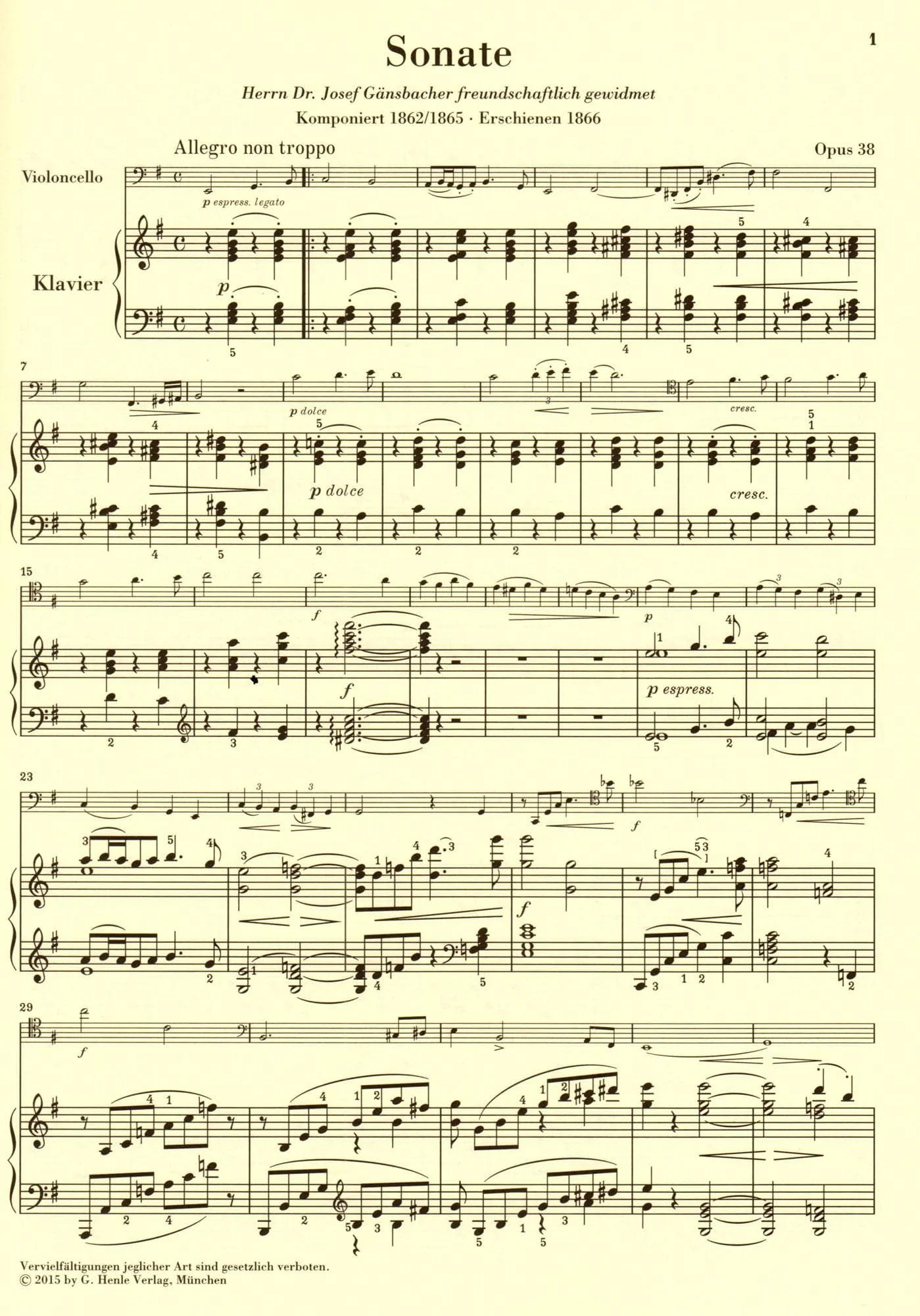 Brahms, Johannes - Sonata No 1 in e minor Op 38 for Cello and Piano - Henle Verlag URTEXT Edition - Image 4
