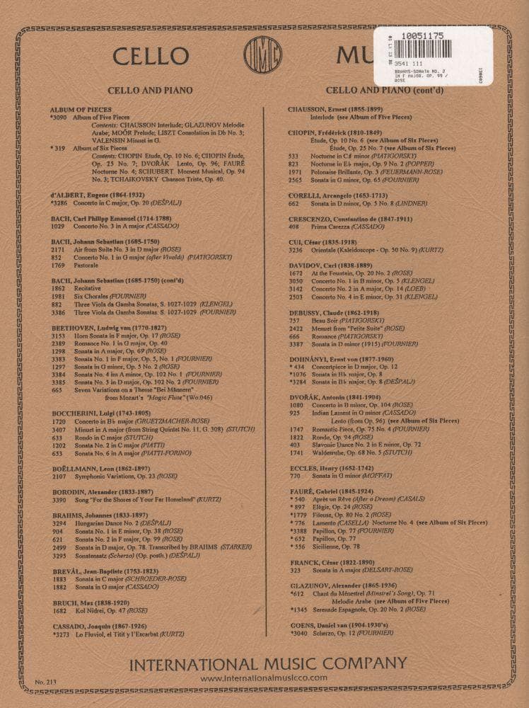 Brahms, Johannes - Cello Sonata No 2 in F Major, Op 99 - Cello and Piano - edited by Rose - International Music Company - Image 3
