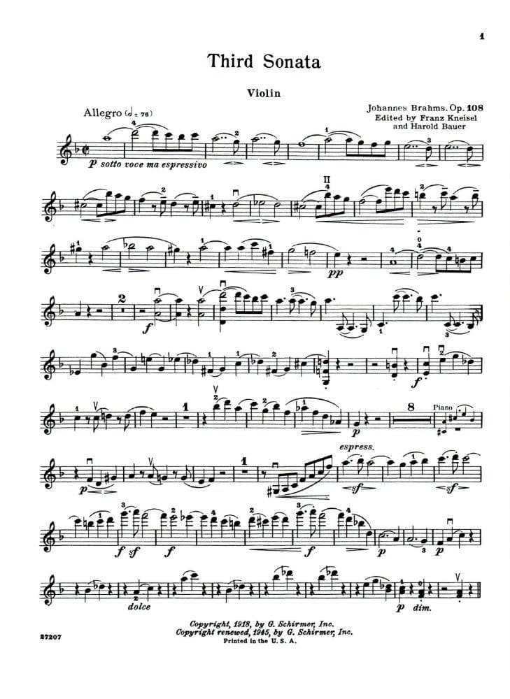 Brahms, Johannes - Sonata No 3 in d minor Op 108 for Violin and Piano - Arranged by Kneisel - Schirmer Edition - Image 2