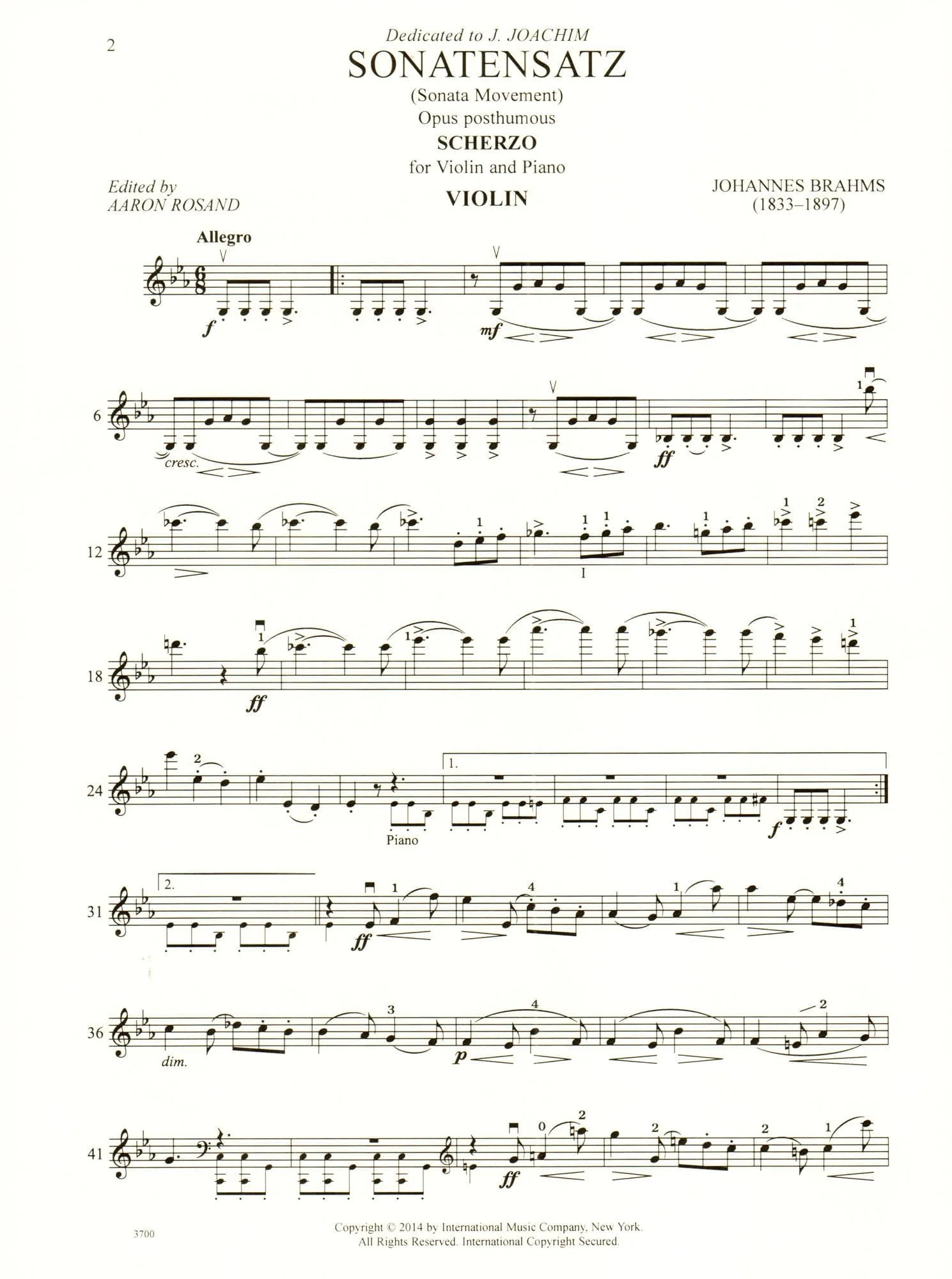Brahms, Johannes - Sonatensatz: Scherzo in c minor for Violin and Piano - International Edition - Image 2