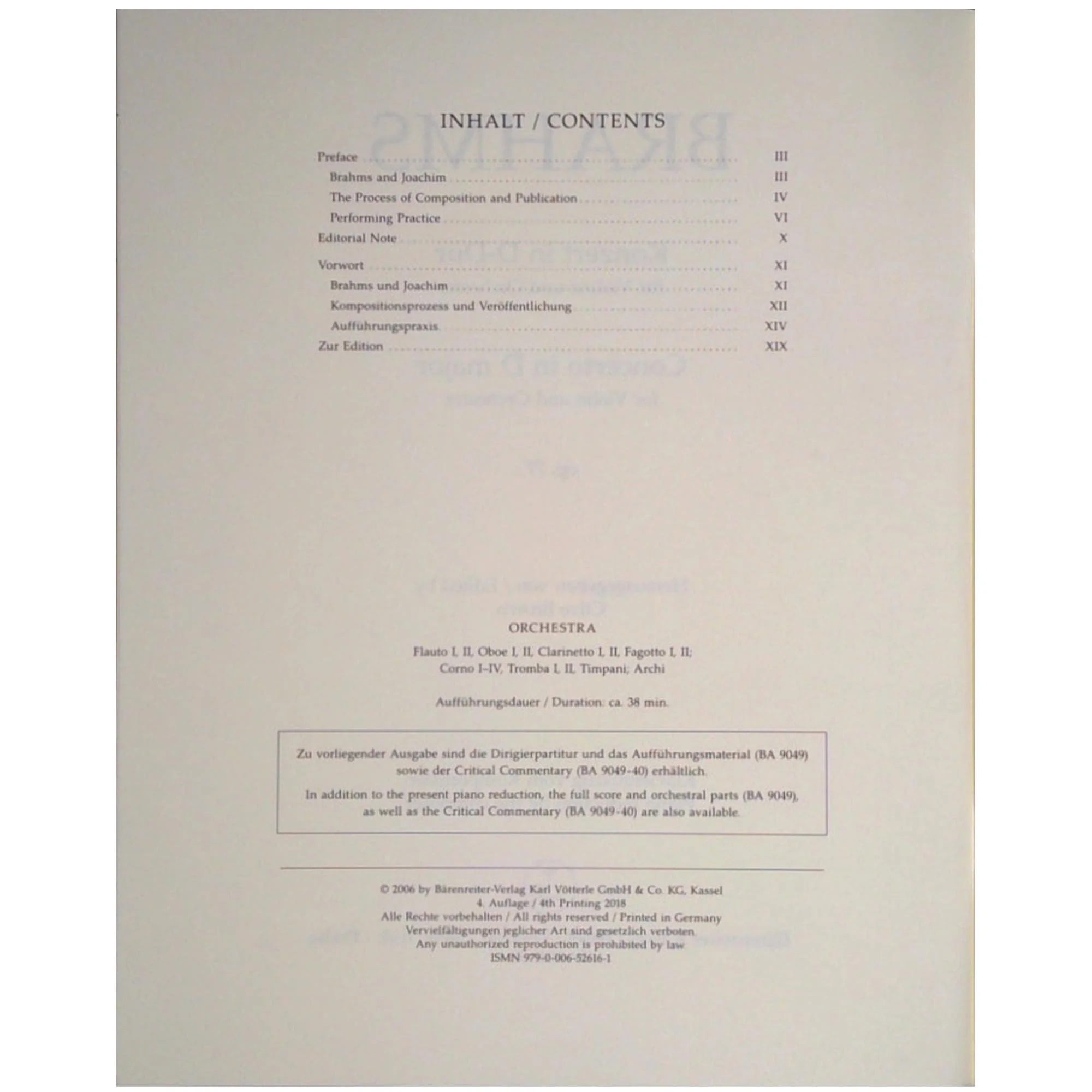 Brahms, Johannes - Violin Concerto D Major - Score and Parts for Violin and Orchestra - Arranged by Joachim - Barenreiter URTEXT Edition - Image 2