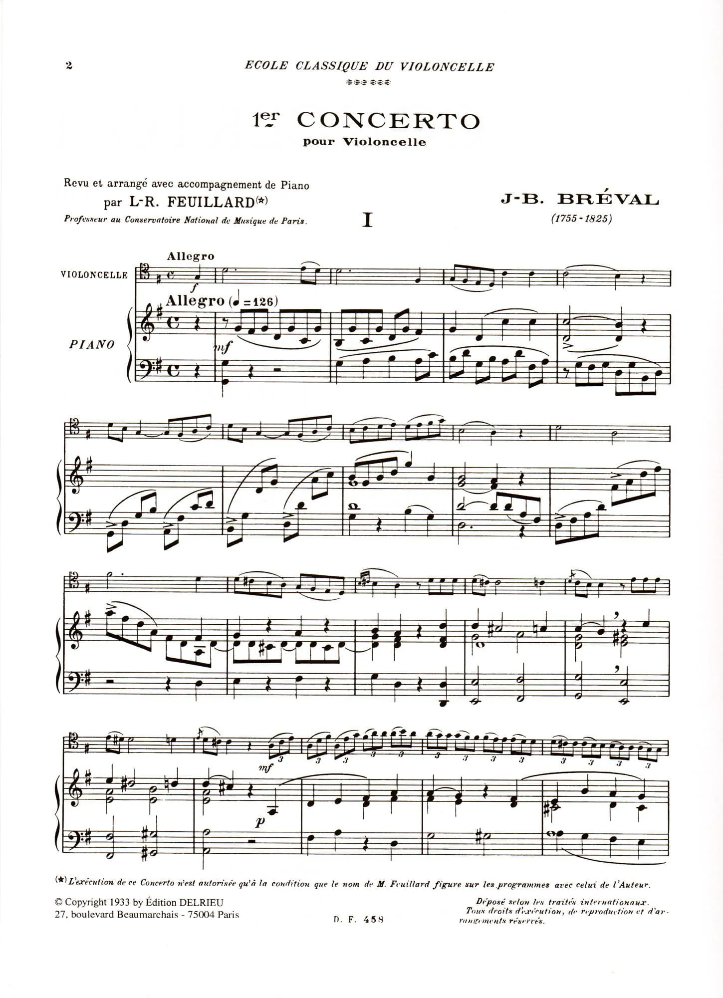 Breval, Jean Baptiste - Concerto No 1 in G Major Op 17 for Cello and Piano - Arranged by Feuillard - Delrieu Edition - Image 2