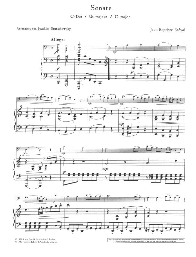 Cello Sonata in C Major - Breval, JB - Cello and Piano - arranged by Stutschewsky - Schott - Image 2