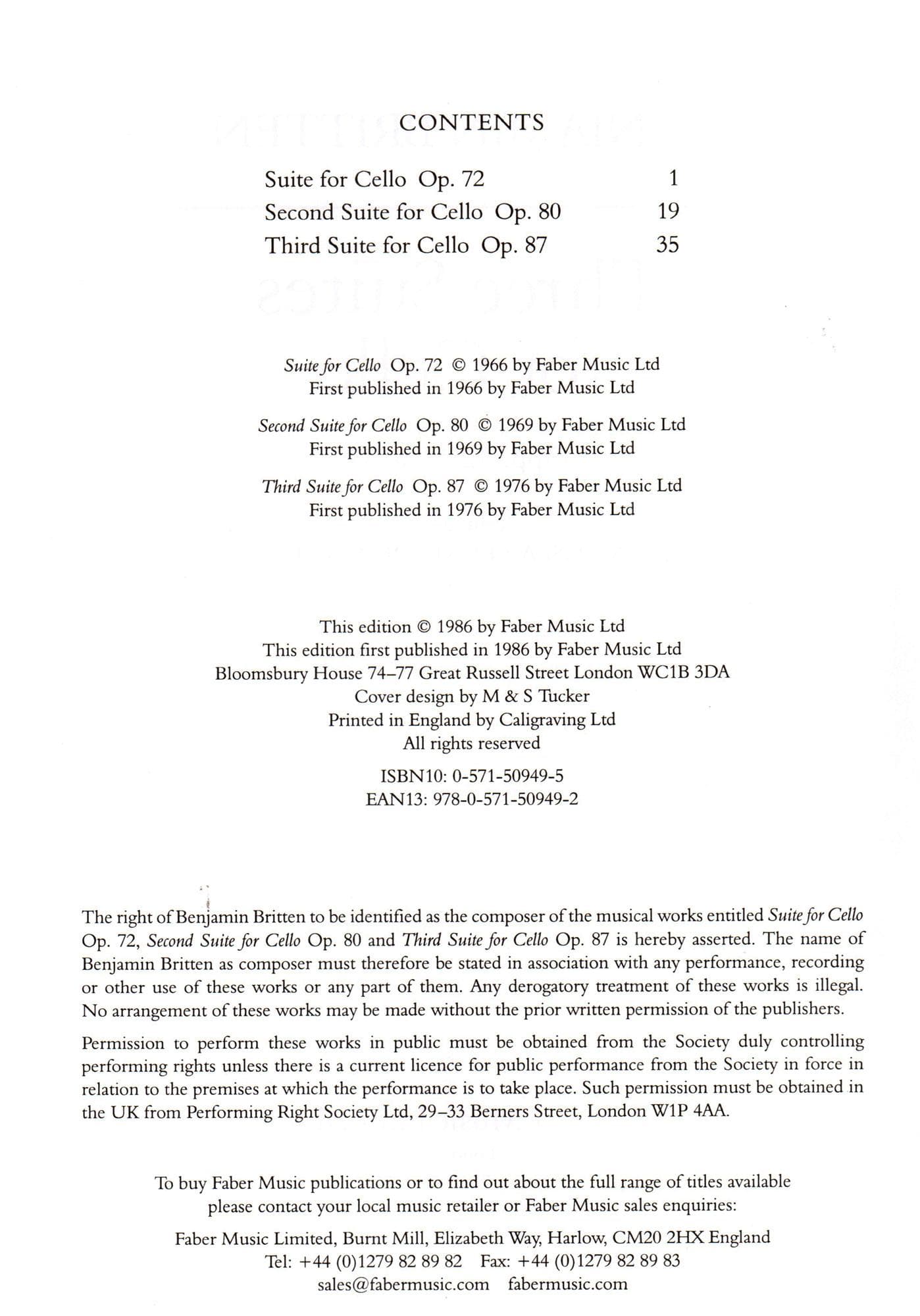 Britten, Benjamin - 3 Suites For Cello Op 72 , 80 , and 87 for Cello - Edited by Rostropovich - Faber Music Publication - Image 2