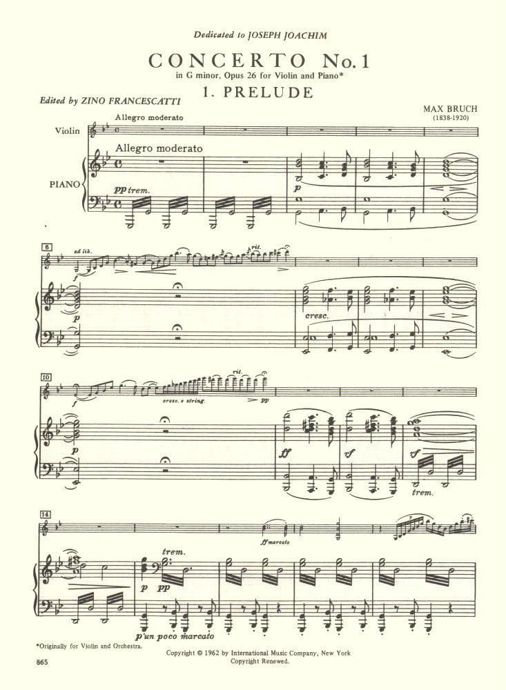 Bruch, Max - Concerto No 1 in G Minor, Op 26 - for Violin and Piano - arranged by Zino Francescatti - International Edition - Image 3