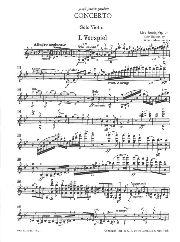 Bruch, Max - Concerto No 1 in G Minor, Op 26 - for Violin and Piano - edited by Yehudi Menuhin - Peters Edition - Image 2