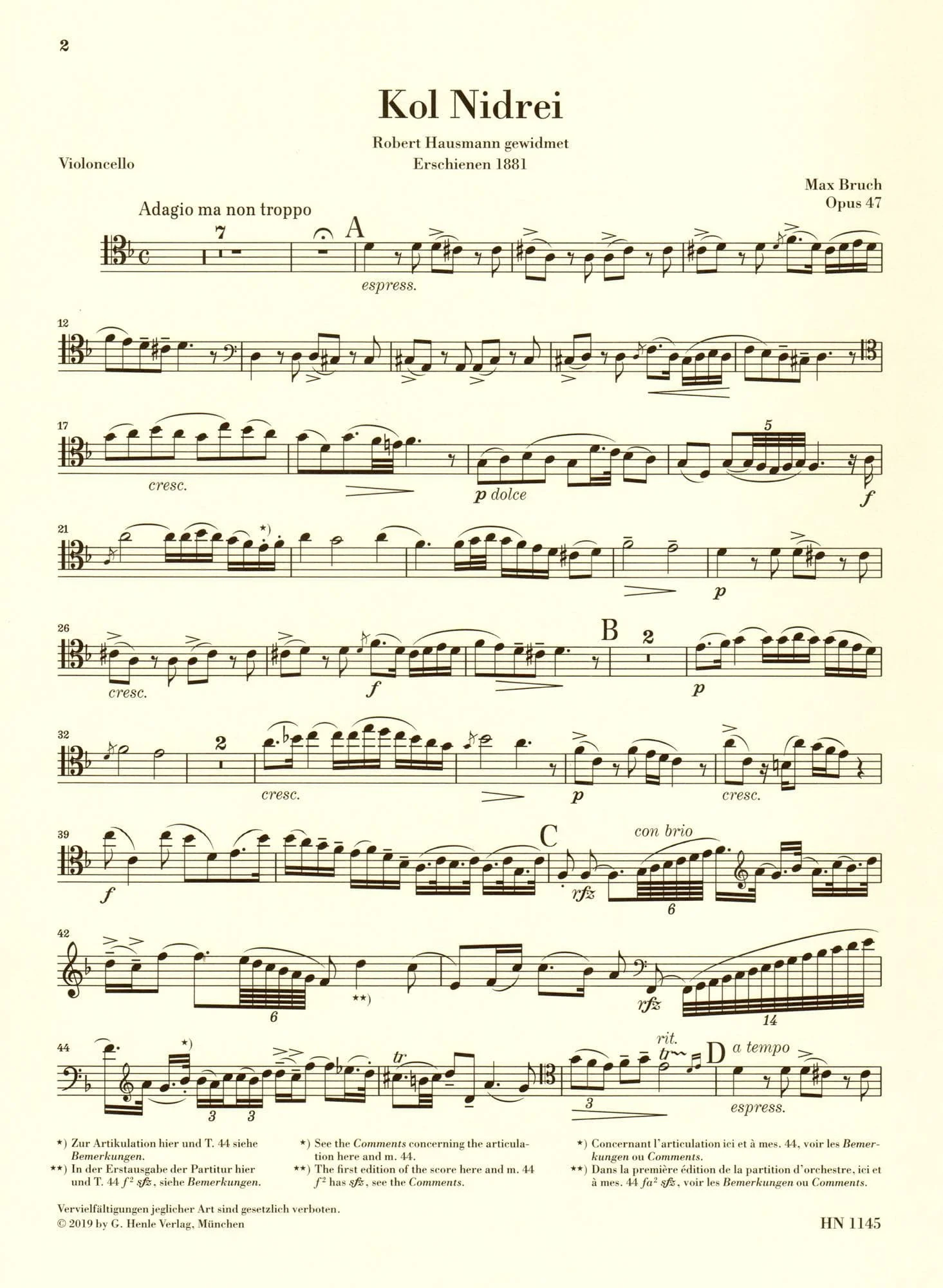 Bruch, M. - Kol Nidrei, op. 47 - for Cello and Piano - G Henle Verlag URTEXT - Image 2