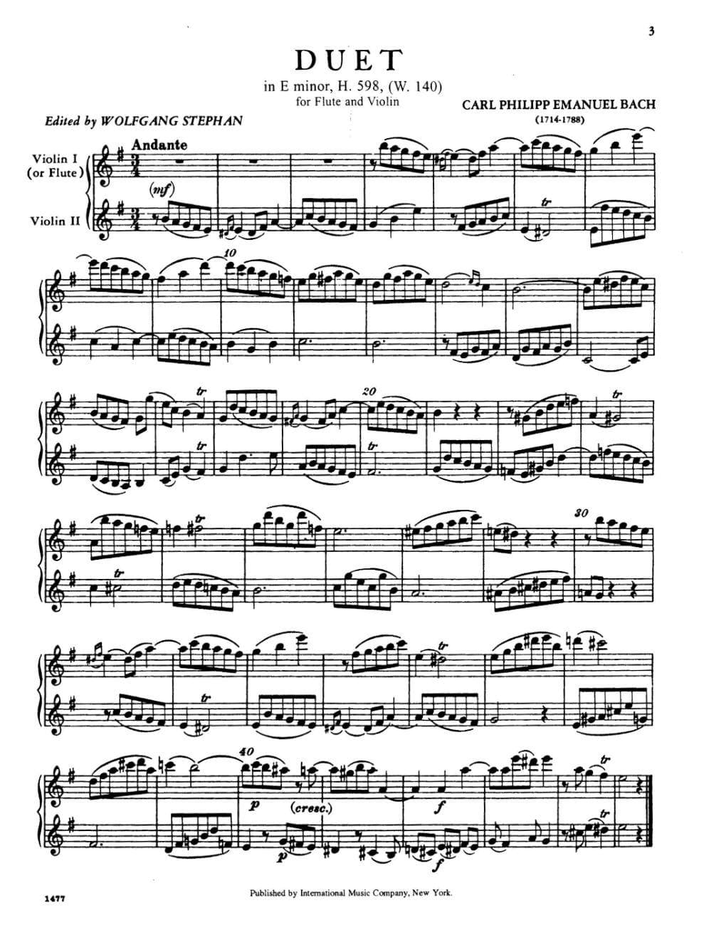 Bach, CPE - Duet in e minor/G Major, H 598, Wq 140 for Flute and Violin (or Two Violins) - International Edition - Image 2