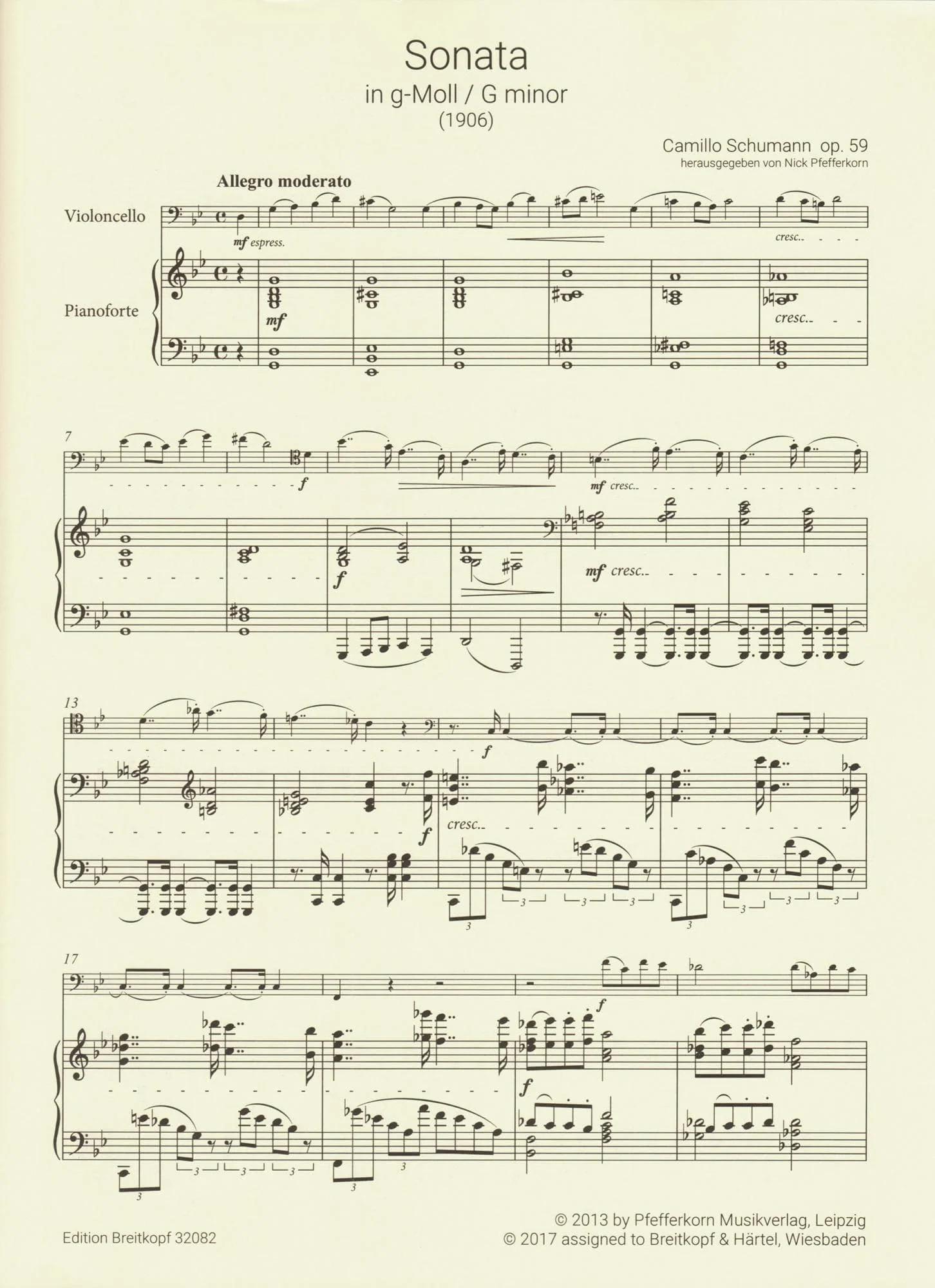 Schumann, Camillo - Sonata No. 1 in G minor, Op. 59 - for Cello and Piano - Breitkopf & Hartel URTEXT - Image 3