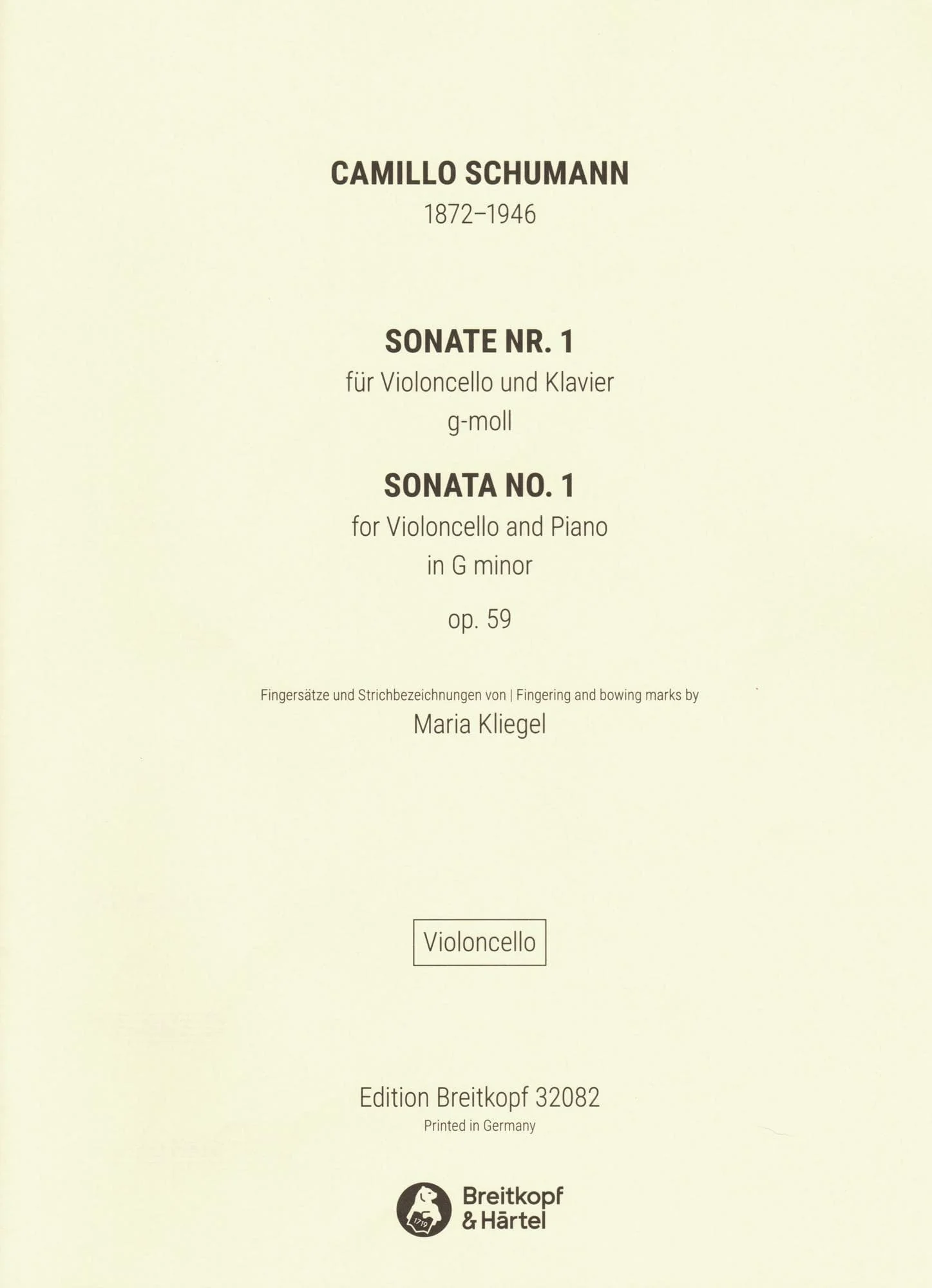 Schumann, Camillo - Sonata No. 1 in G minor, Op. 59 - for Cello and Piano - Breitkopf & Hartel URTEXT - Image 4