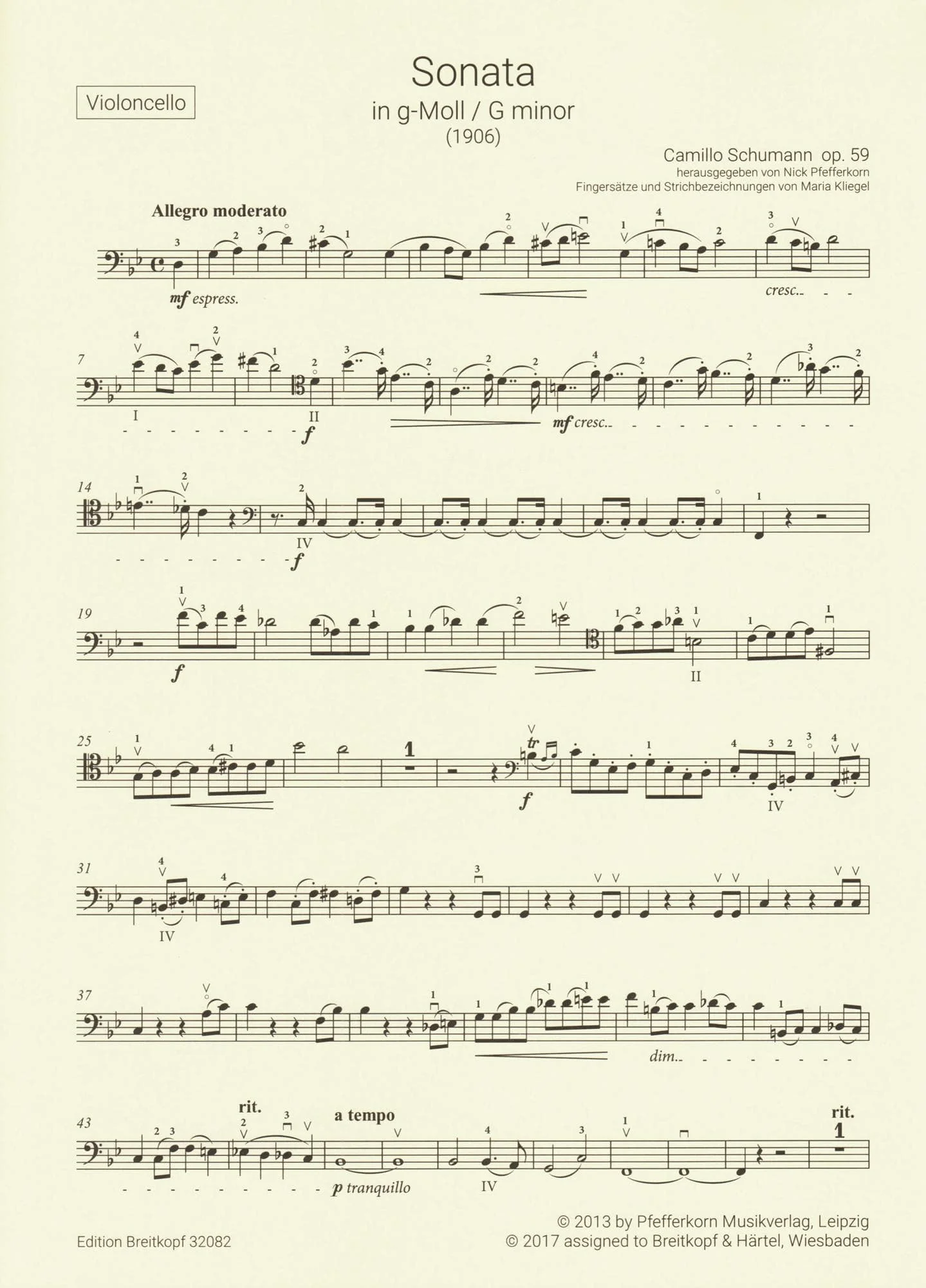 Schumann, Camillo - Sonata No. 1 in G minor, Op. 59 - for Cello and Piano - Breitkopf & Hartel URTEXT - Image 5