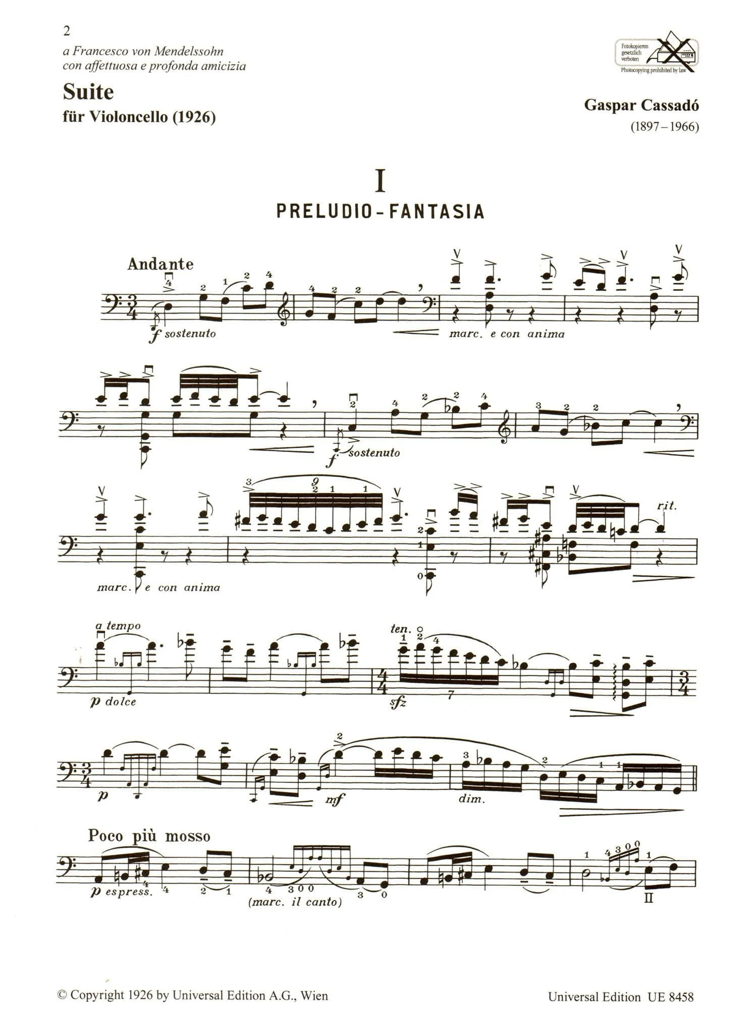 Cassado, Gaspar - Suite For Cello - Universal Edition - Image 2