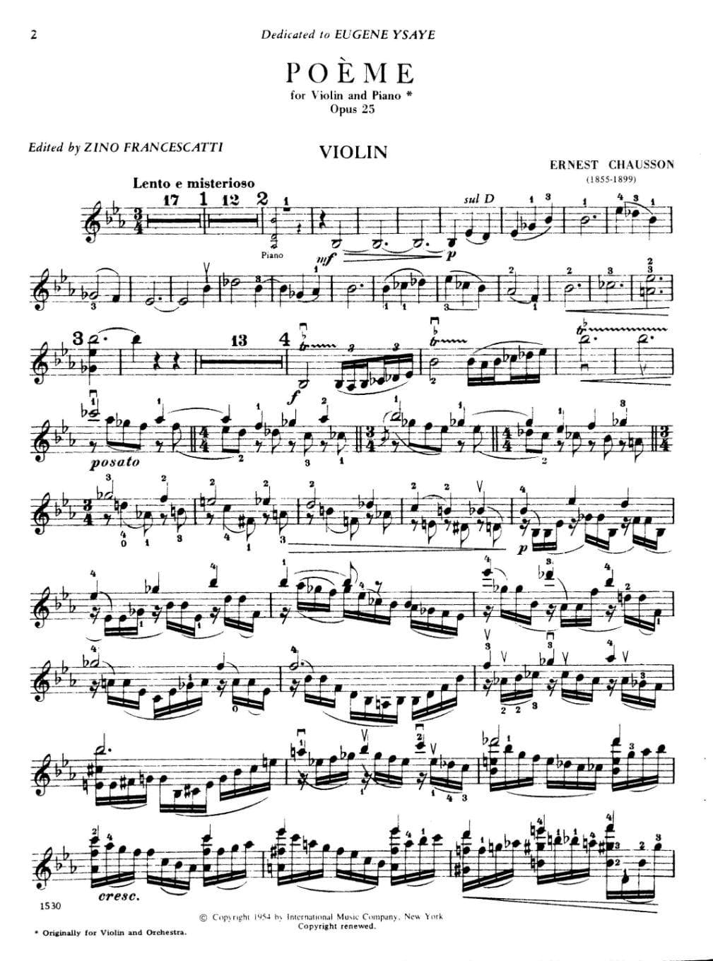 Chausson, Ernest - Poeme Op 25 for Violin and Piano - Arranged by Francescatti - International Edition - Image 2
