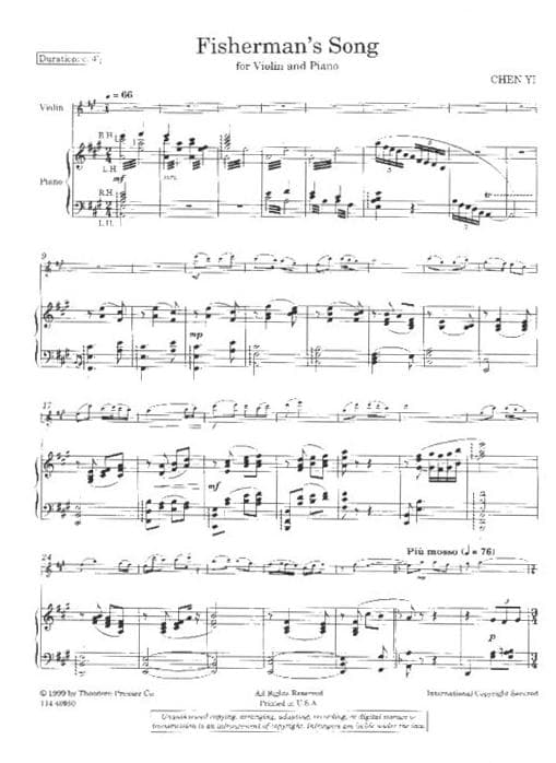Chen Yi - Fisherman's Song for Violin and Piano - Theodore Presser - Image 2