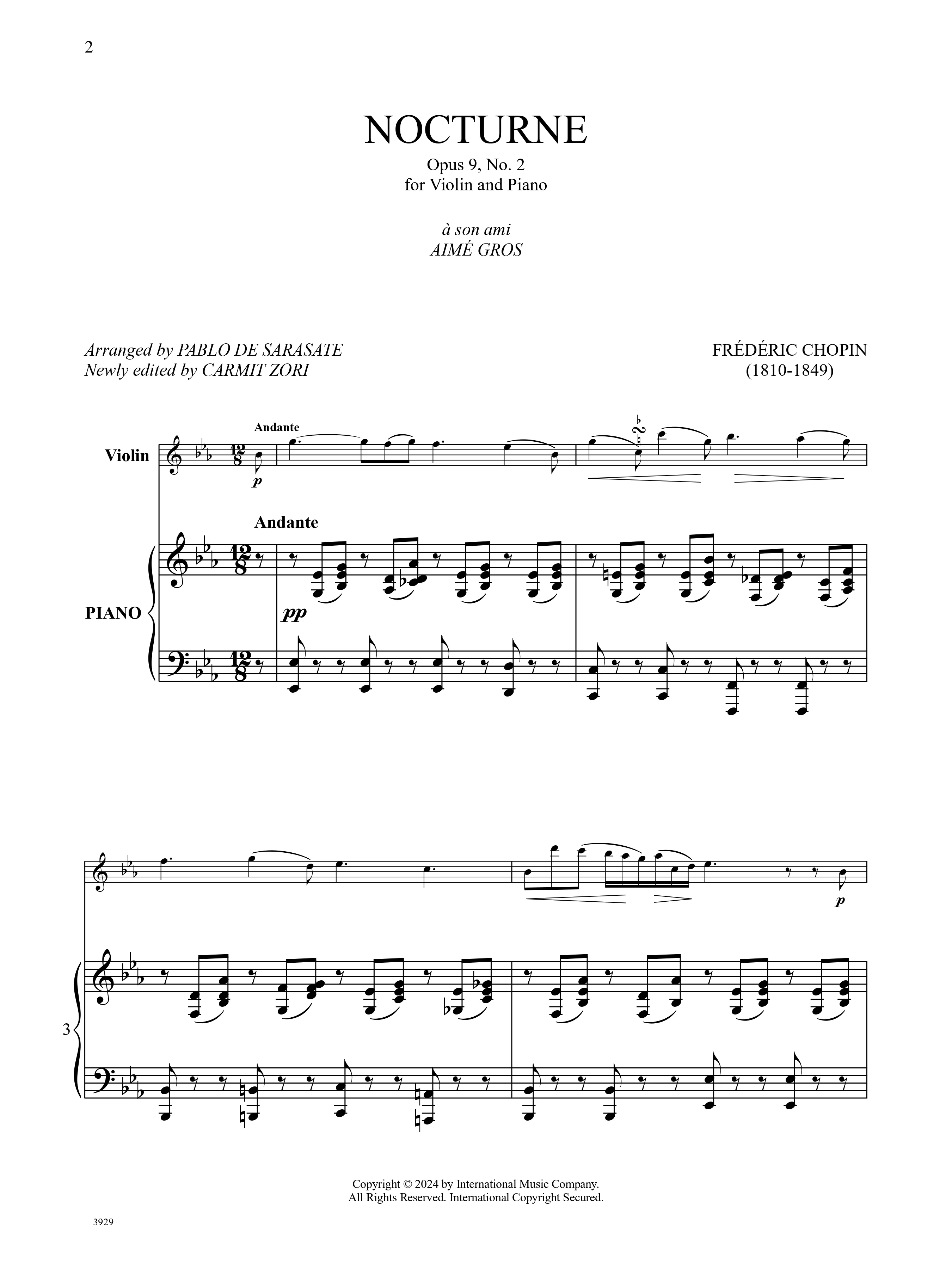 Chopin, Frédéric - Nocturne Opus, No. 2-Violin and Piano - Edited by Sarasate and Zori - International Music Co. - Image 2