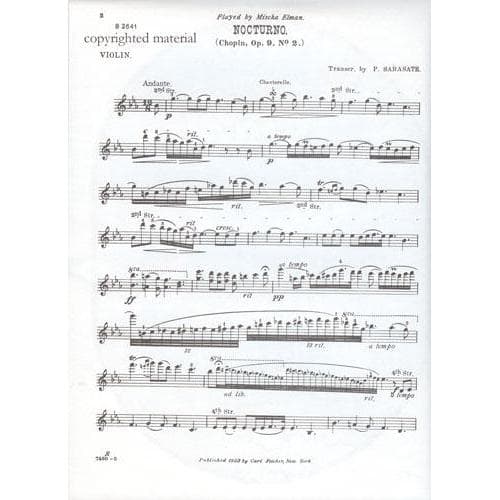 Chopin, Frederic - Nocturne Eb Major, Op 9, No 2 - arranged for Violin and Piano by Pablo de Sarasate - Carl Fischer - Image 2