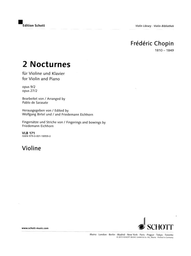 Chopin/Sarasate - 2 Nocturnes, Op 9/2 and Op 27/2 - for Violin and Piano -Schott - Image 2