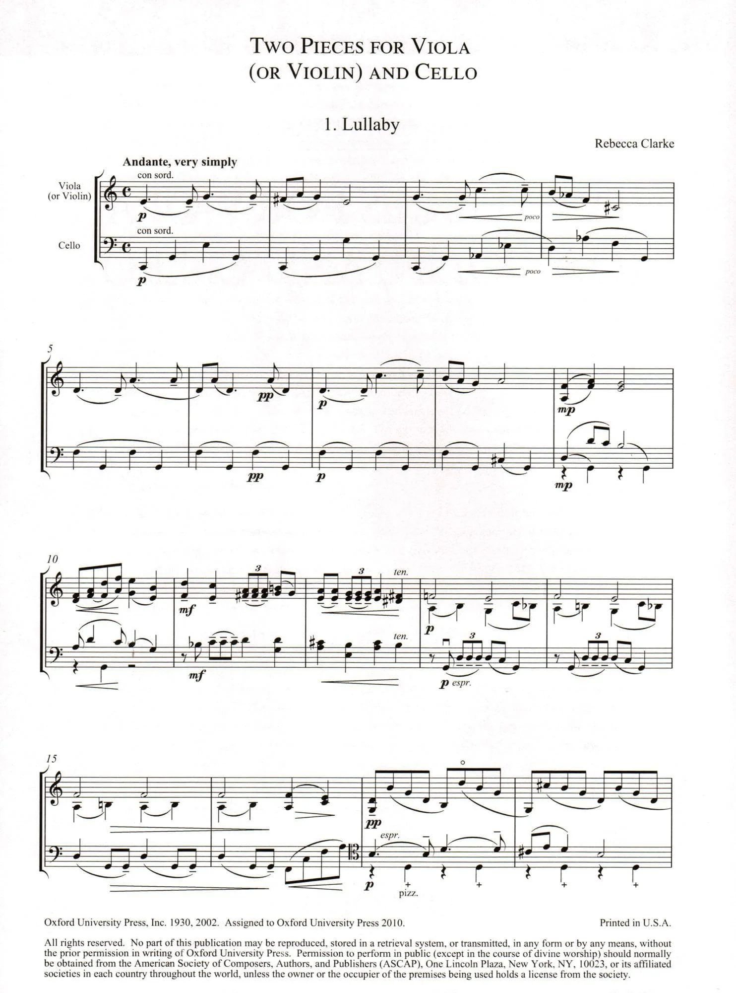 Clarke, Rebecca - 2 Pieces for Viola (or Violin) and Cello - Oxford Chamber Music Publication - Image 2