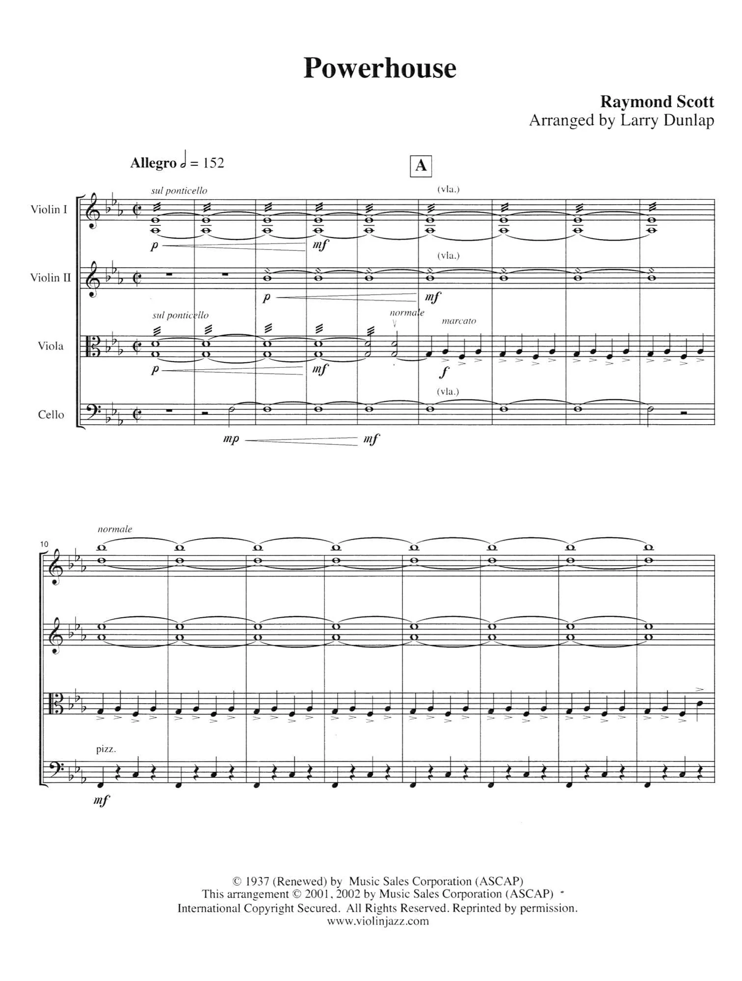 Scott, Raymond - Powerhouse, The Penguin, Siberian Sleighride, and Toy Trumpet - Raymond Scott Collection - for String Quartet - arranged by Jeremy Cohen - Violinjazz Editions - Image 2