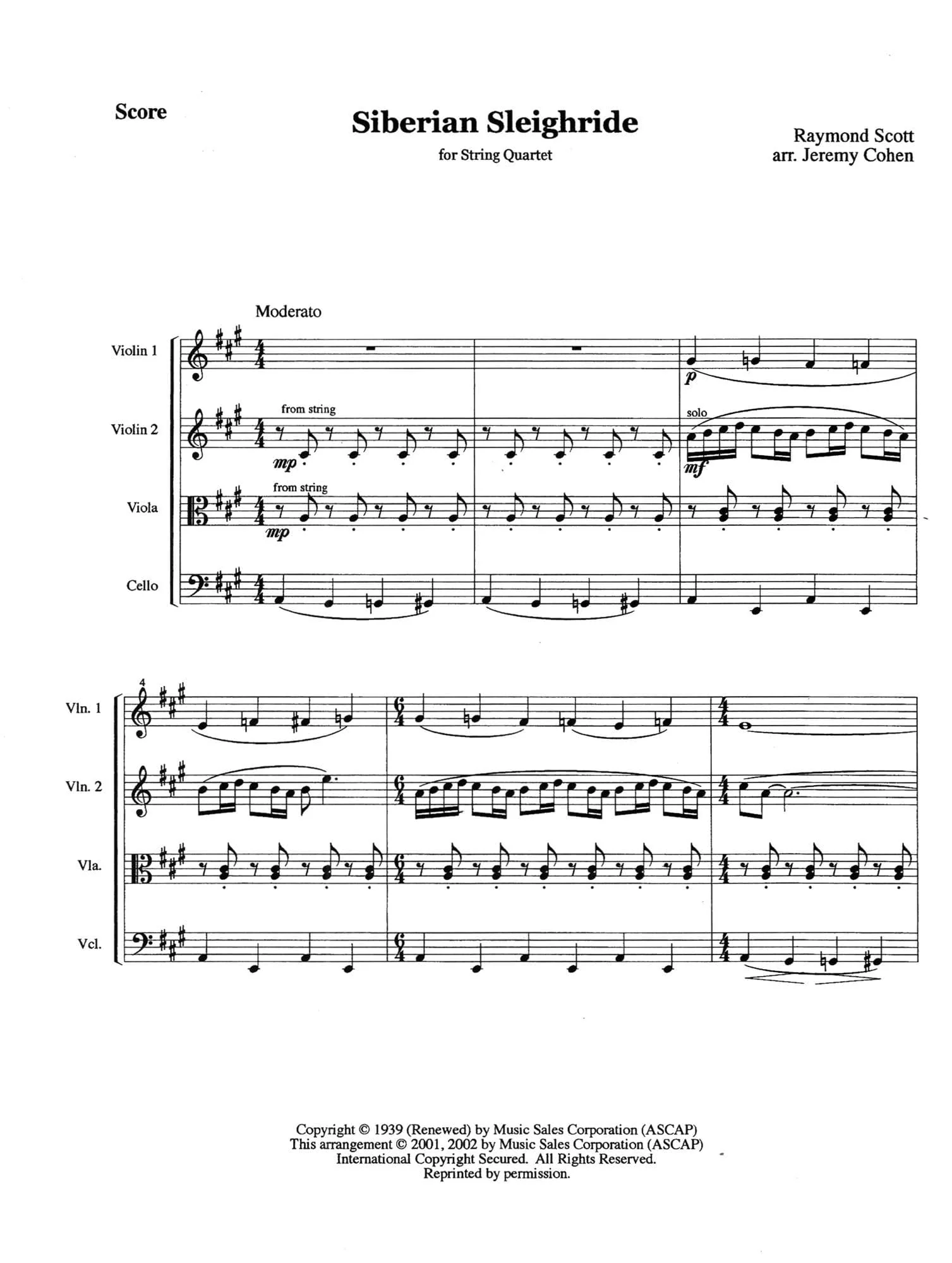 Scott, Raymond - Siberian Sleigh Ride - Raymond Scott Collection - for String Quartet - arranged by Jeremy Cohen - Violinjazz Editions - Image 2