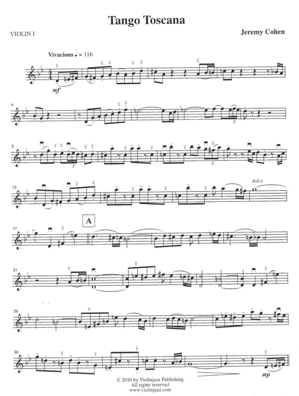 Cohen, Jeremy - Tango Toscana for String Quartet Violinjazz Editions - Image 2