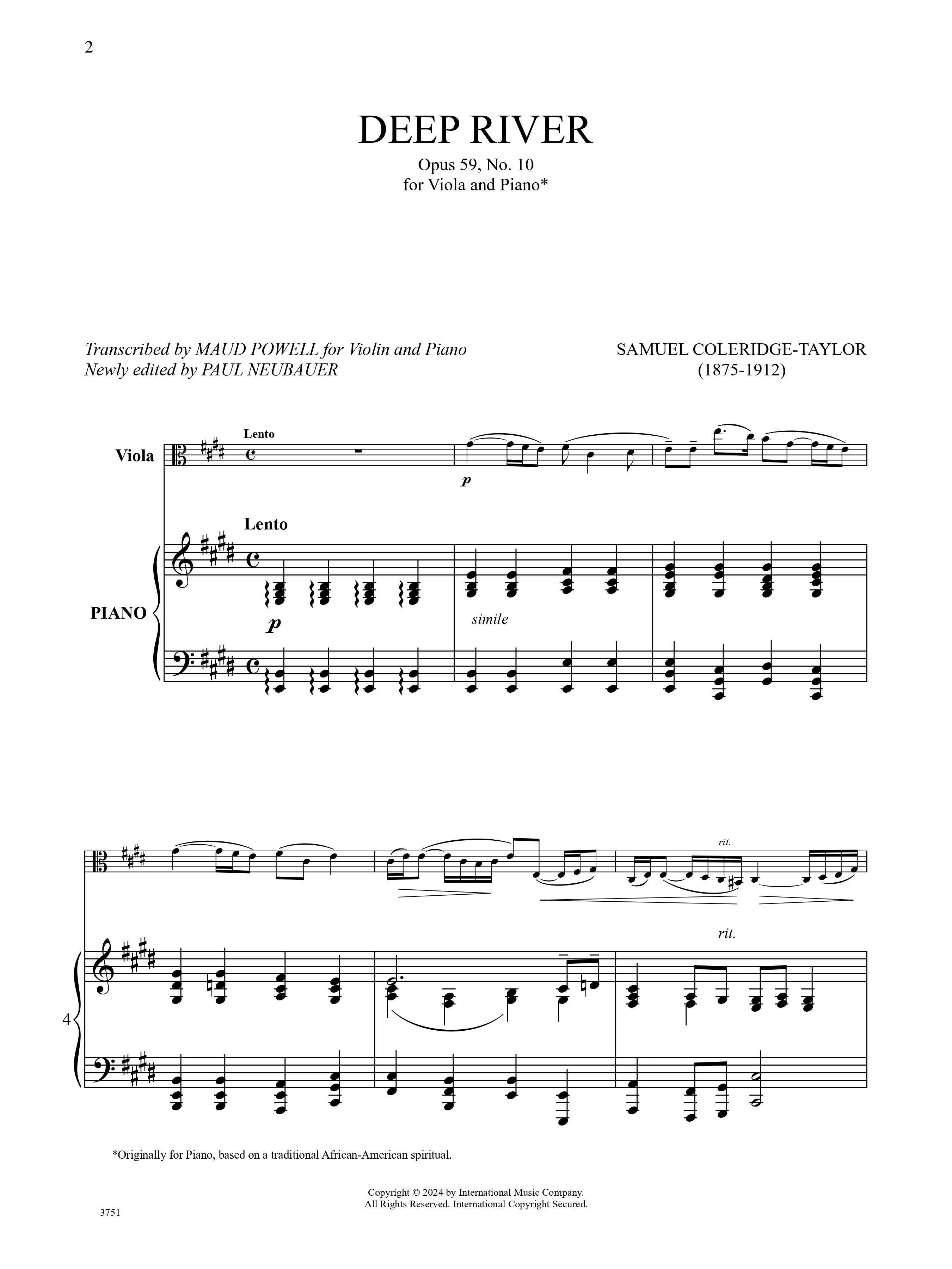 Coleridge-Taylor, Samuel - Deep River Opus 59, No. 10 - Viola and Piano - Edited by Powell and Neubauer - International Music Co. - Image 2