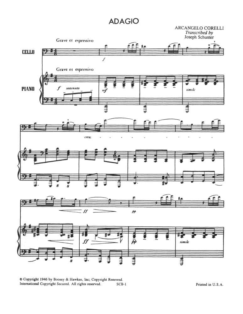 Adagio for Cello and Piano - Corelli, Arcangelo - arranged by Joseph Schuster - Boosey and Hawkes - Image 2