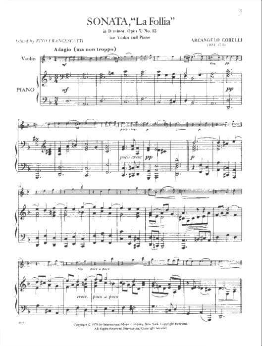 Arcangelo Corelli - Violin Sonata in D Minor, Op 5 No 12 "La Folia" - Violin and Piano - edited by Zino Francescatti - International Music Company - Image 2