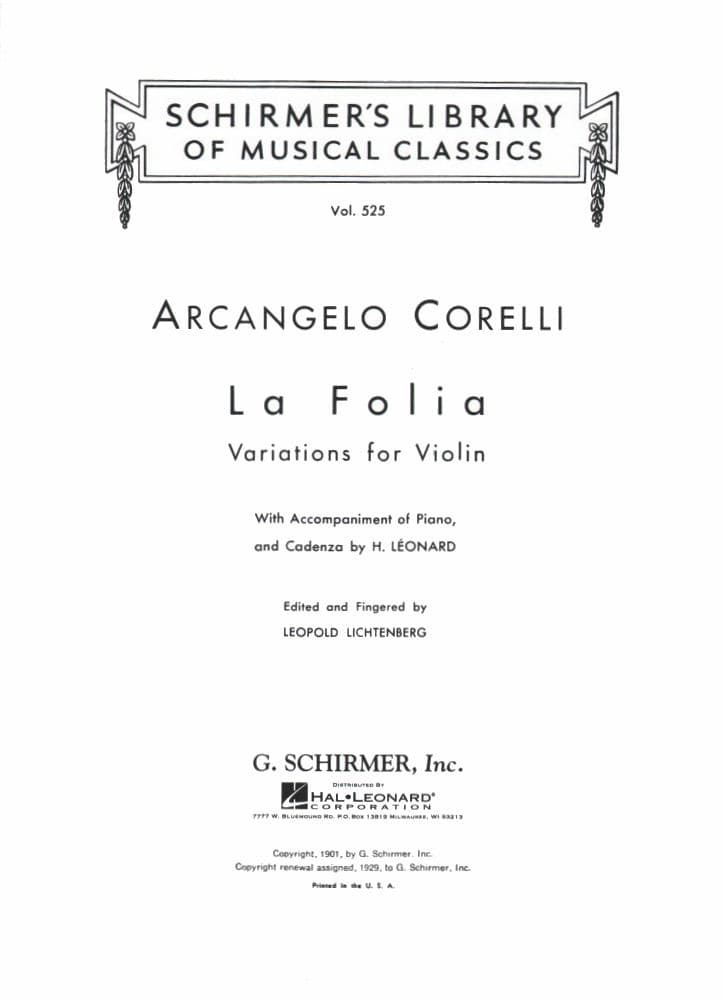 Corelli, Arcangelo - Sonata, Op 5, No 12, "La Folia" for Violin - for Violin and Piano - arranged by H Leonard - edited by Leopold Lichtenberg - G Schirmer Edition - Image 2
